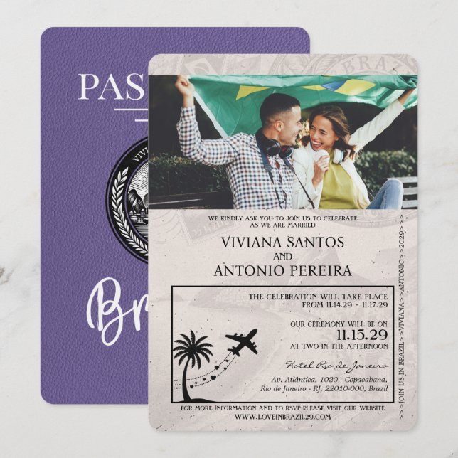 Lilac Purple Brazil Passport Wedding Invitation (Front/Back)