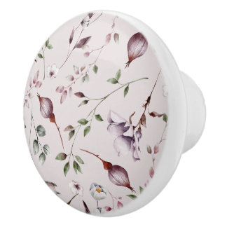 Lilac Purple Buds Leaves Watercolor Floral Pattern Ceramic Knob