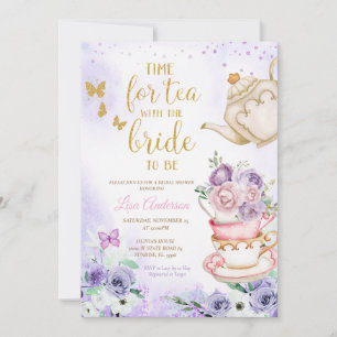 Lilac Purple Butterflies Bridal Shower Tea Party Invitation