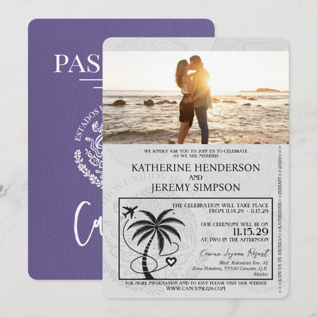 Lilac Purple Cancun Passport Wedding Invitation (Front/Back)