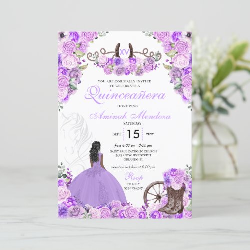 Lilac Purple Charra Floral Boots Quinceaera Invitation