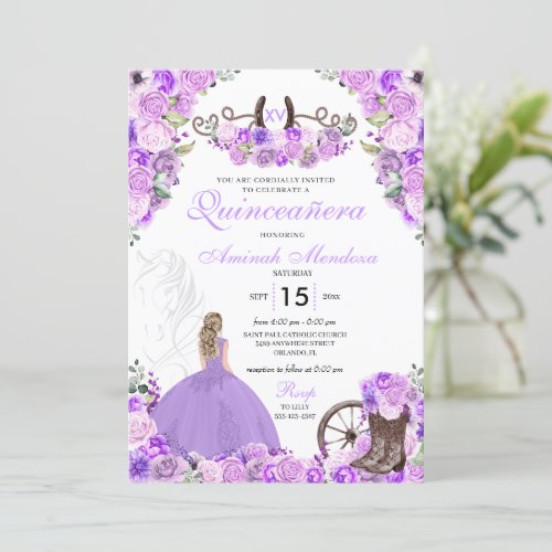 Lilac Purple Charra Floral Boots Quinceaera Invitation