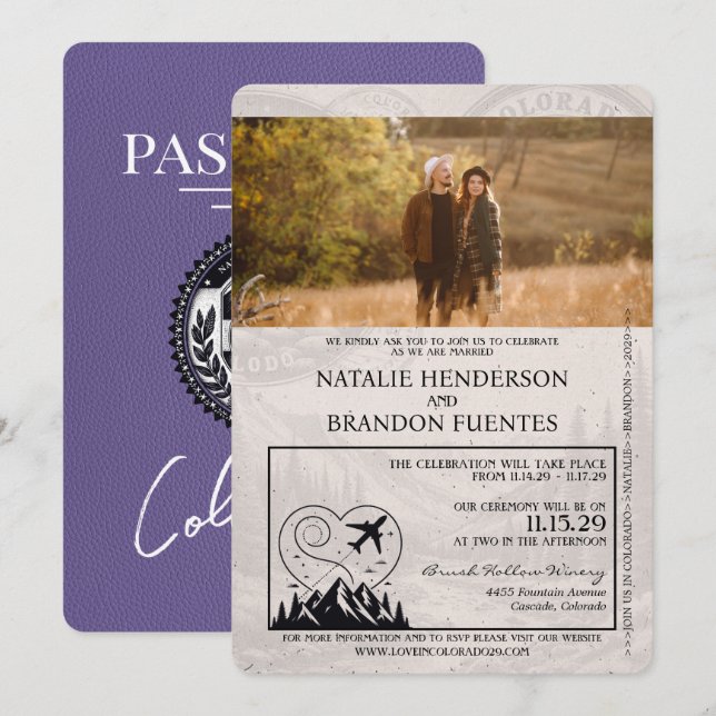 Lilac Purple Colorado Passport Wedding Invitation (Front/Back)