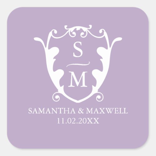 Lilac Purple Crest Monogram Wedding Stickers
