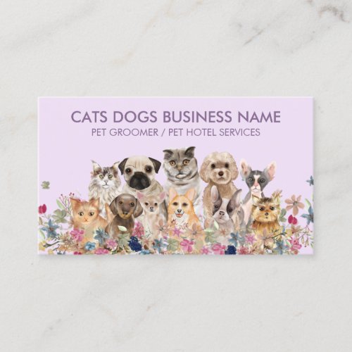 Lilac Purple Dogs and Cats flowers Business Card