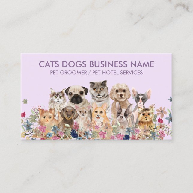 Lilac Purple Dogs and Cats flowers Business Card (Front)