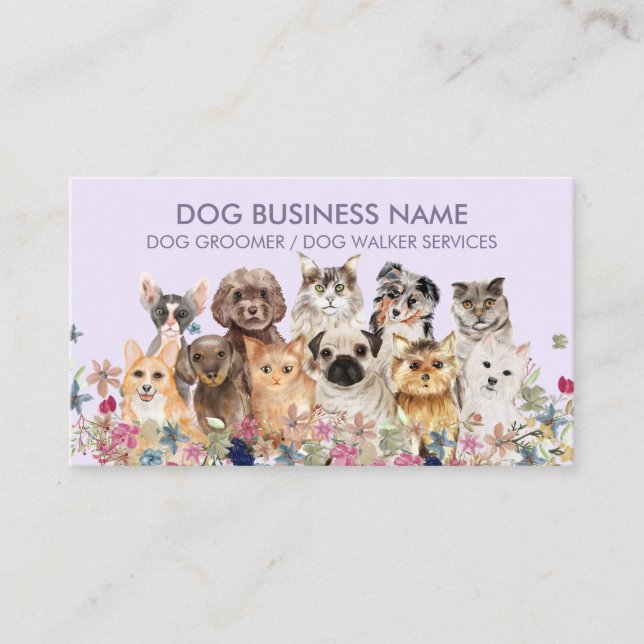 Lilac Purple Dogs Cats Business Card (Front)