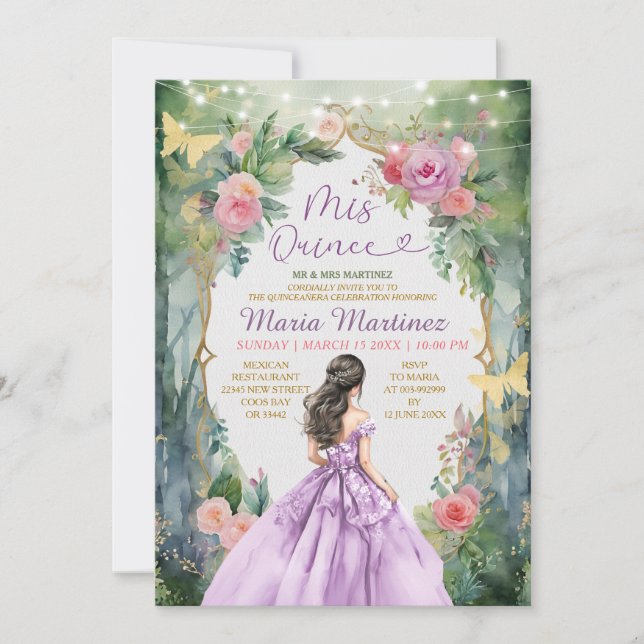 Lilac Purple Dress Forest Butterfly Mis Quince Invitation (Front)