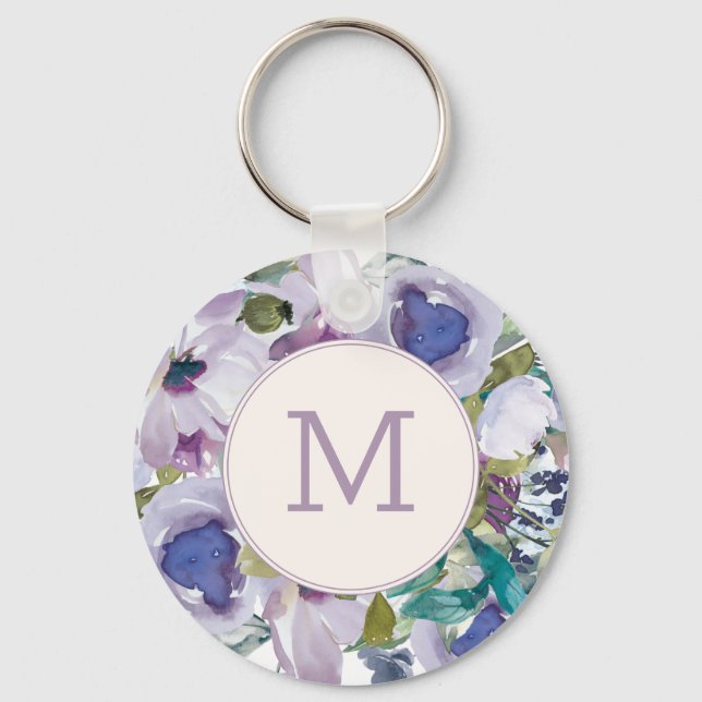 Lilac Purple Dusty Blue Watercolor Floral Mongram Keychain (Front)