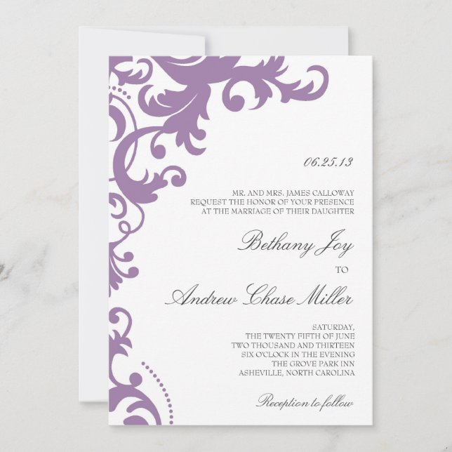 Lilac Purple Elegant Damask Wedding Invitation (Front)