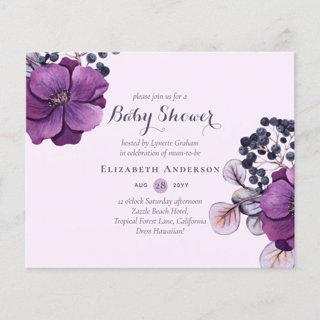 Lilac Purple Floral Baby Shower Invites BUDGET (Front)