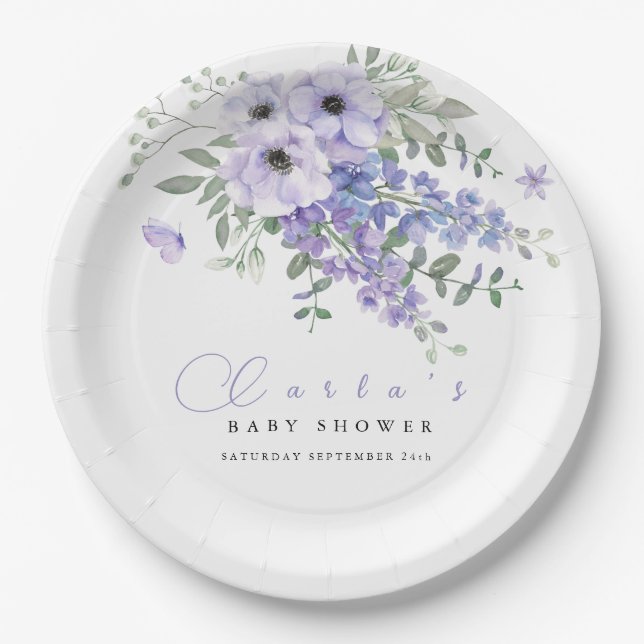 Lilac purple floral baby shower  paper plates (Front)