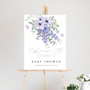 Lilac purple floral baby shower welcome sign 
