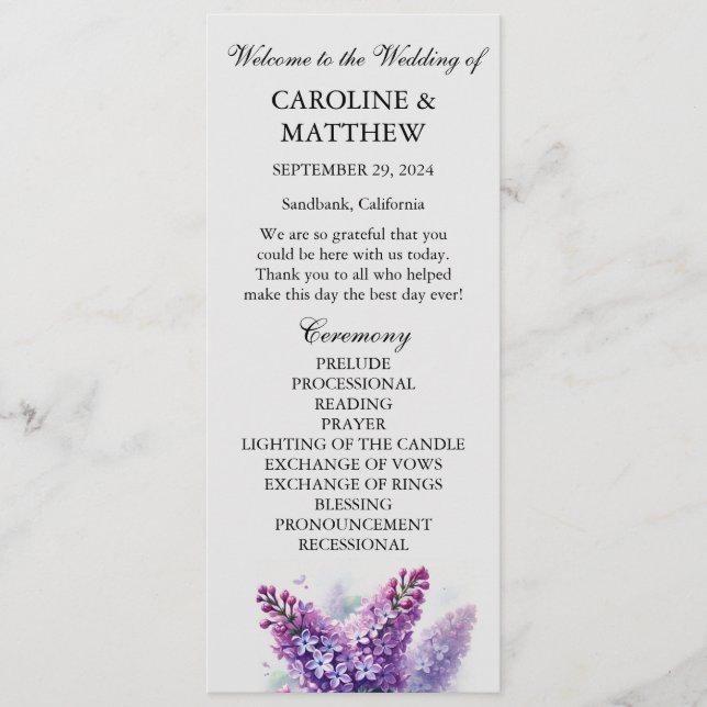 Lilac Purple Floral Elegant Modern Wedding  Program (Front)
