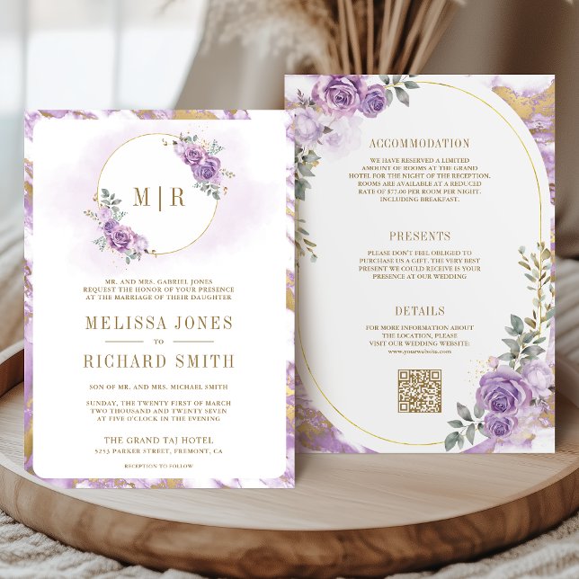 Lilac Purple Floral Gold Marble All in One Wedding Invitation (Creator Uploaded)