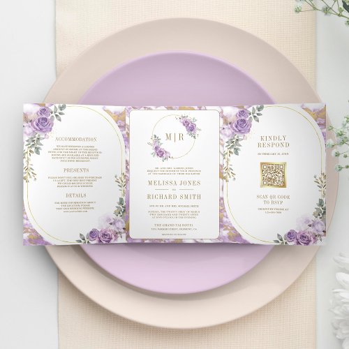 Lilac Purple Floral Gold Marble All in One Wedding Tri_Fold Invitation