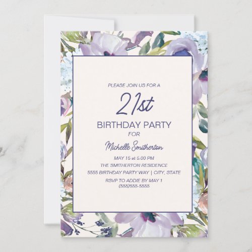 Lilac Purple Floral Greenery 21st Birthday Invitation