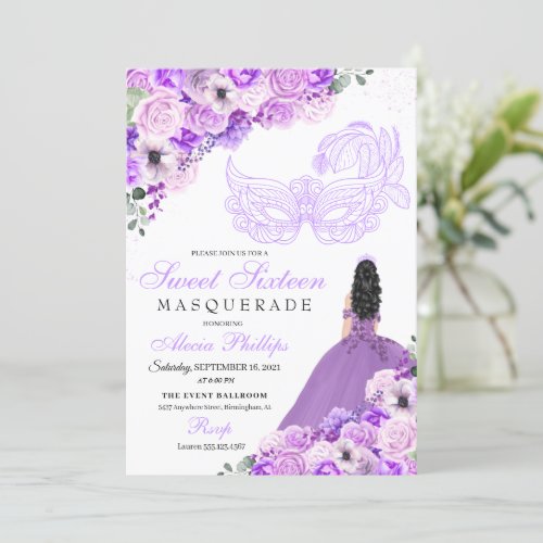 Lilac Purple Floral Masquerade Sweet 16 Invitation
