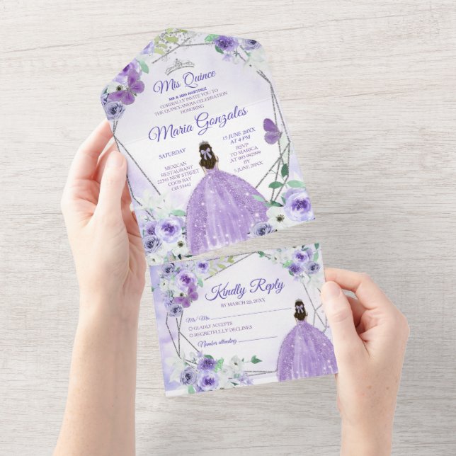 Lilac Purple Floral Princess Quinceañera All In One Invitation (Tearaway)