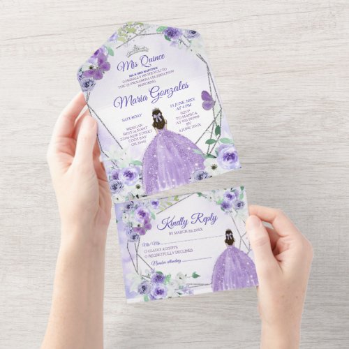 Lilac Purple Floral Princess Quinceaera All In One Invitation