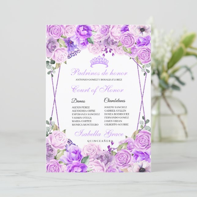 Lilac Purple Floral Quinceanera Court of Honor Invitation (Standing Front)