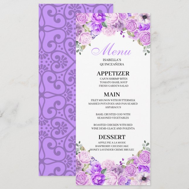 Lilac Purple Floral Quinceanera Menu Invitation (Front/Back)