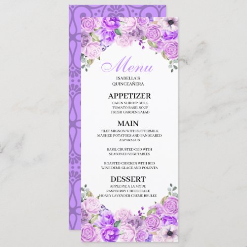 Lilac Purple Floral Quinceanera Menu Invitation
