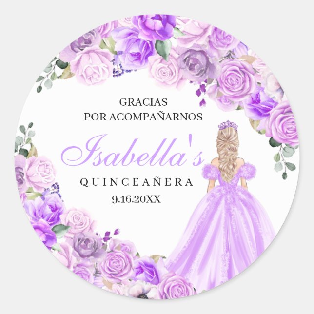 Lilac Purple Floral Quinceanera Round Stickers (Front)