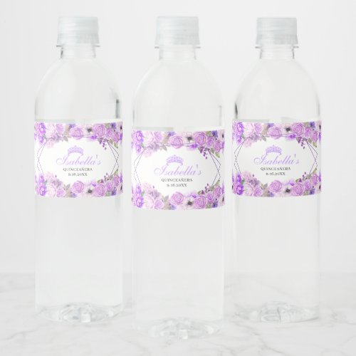 Lilac Purple Floral Quinceanera Water Bottle Label