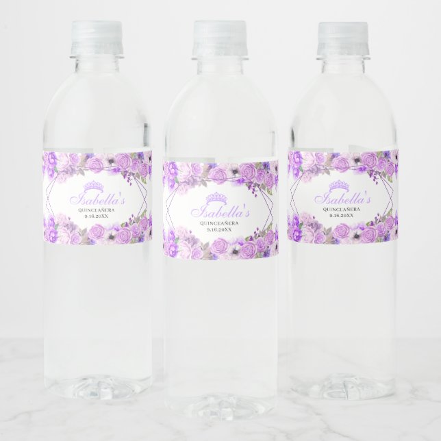 Lilac Purple Floral Quinceanera Water Bottle Label (Bottles)