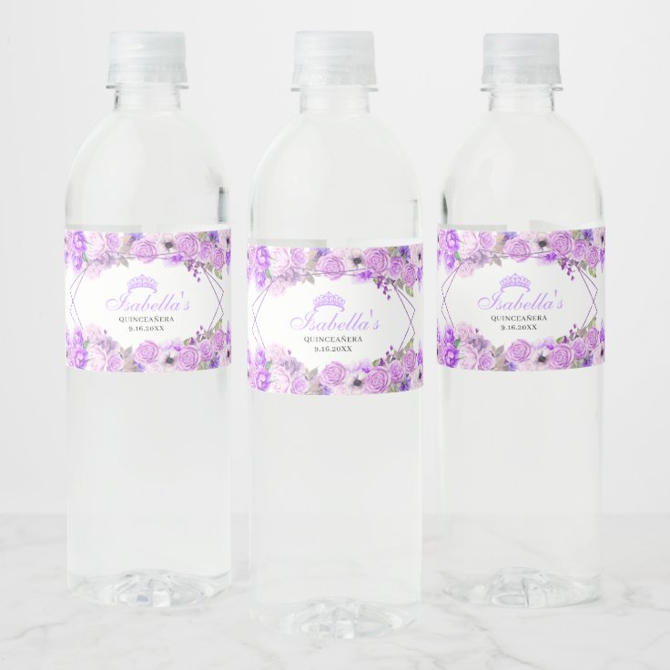 Lilac Purple Floral Quinceanera Water Bottle Label Zazzle