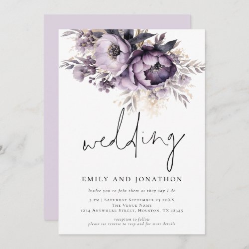Lilac Purple Florals Informal Script Wedding Invitation
