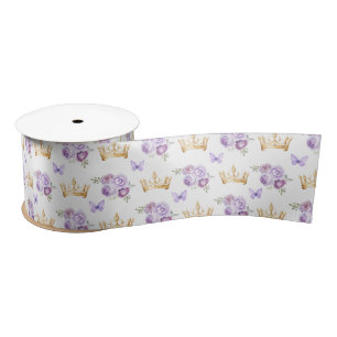 Lilac Purple Flowers and Gold Crowns Satin Ribbon