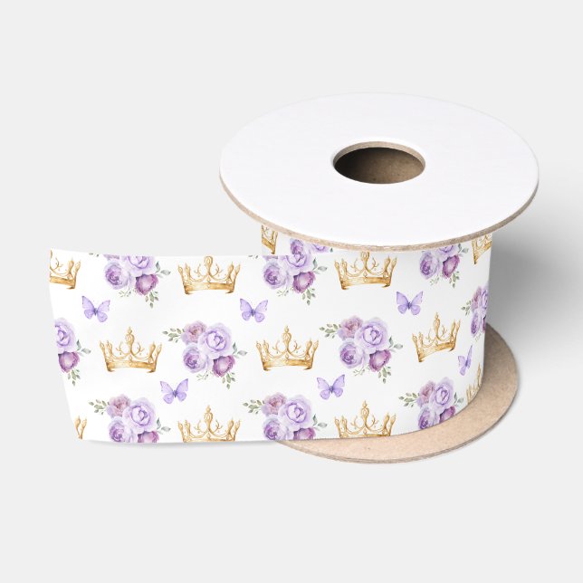 Lilac Purple Flowers and Gold Crowns Satin Ribbon (Spool)