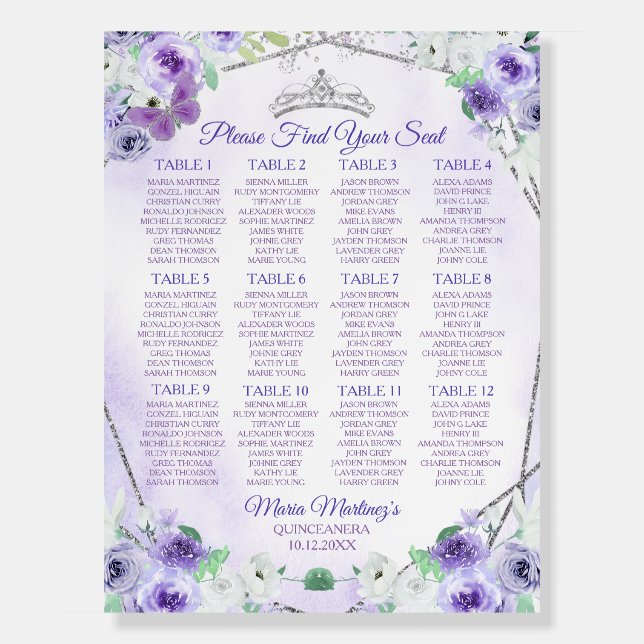 Lilac Purple Flowers Quinceañera Seating Chart Foam Board (Front)