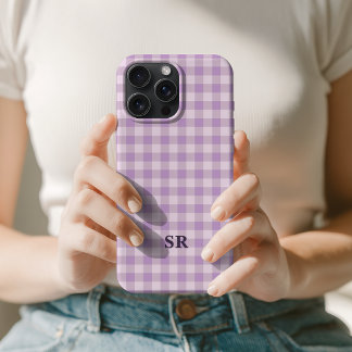 Lilac Purple Gingham Monogram Teacher Custom Mom iPhone 15 Pro Max Case