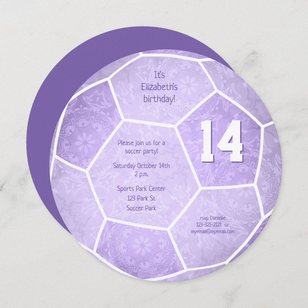 lilac purple girl's soccer party invite