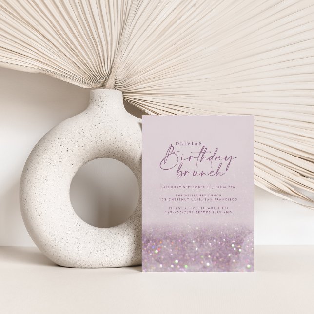 Lilac purple glitter elegant birthday brunch chic invitation