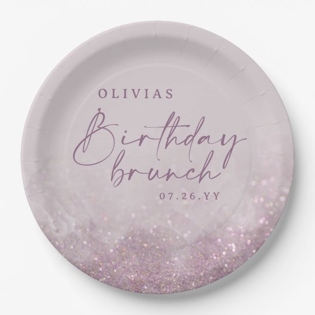Lilac purple glitter elegant birthday brunch chic paper plates (Front)