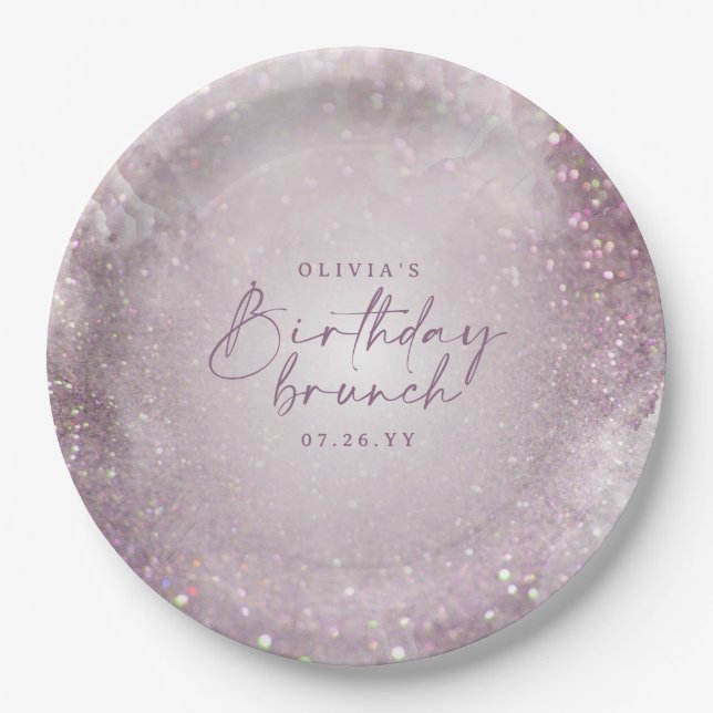 Lilac purple glitter elegant birthday brunch chic paper plates (Front)