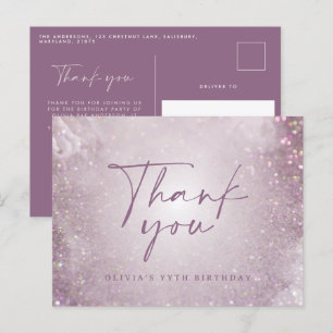 Lilac purple glitter elegant birthday party thanks postcard