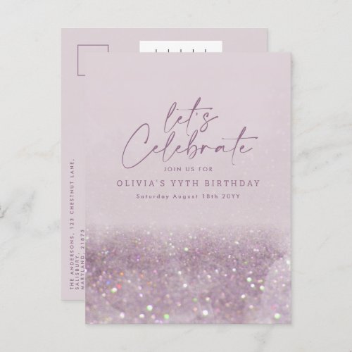 Lilac purple glitter elegant birthday unique invitation postcard
