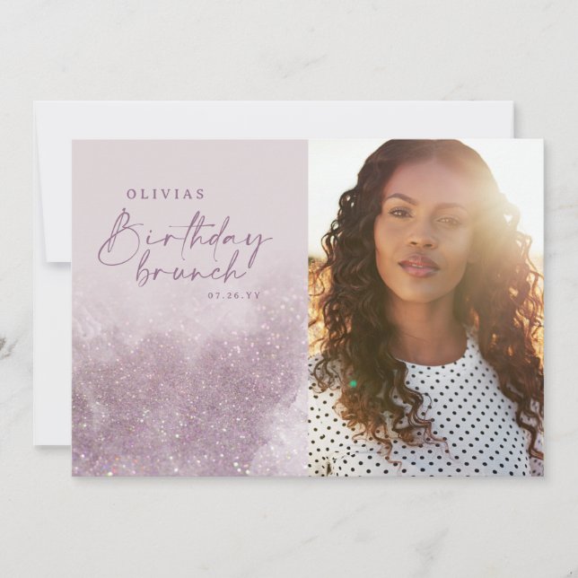 Lilac purple glitter elegant photo birthday brunch (Front)
