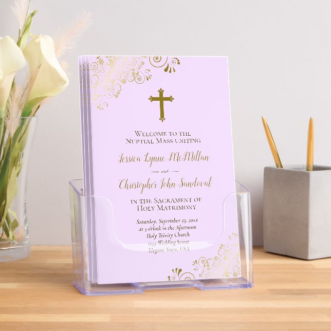 Lilac Purple & Gold Chic Catholic Wedding Program Brochure (Insitu)