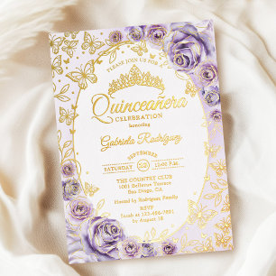 Lilac Purple Gold Floral Quinceanera Foil Invitation