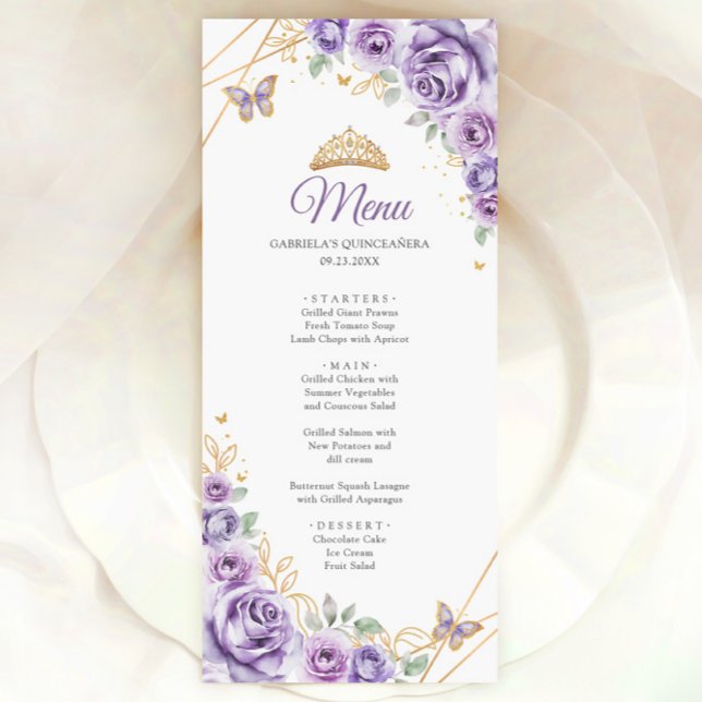 Lilac Purple Gold Floral Quinceanera Menu (Creator Uploaded)