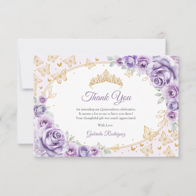 Lilac Purple Gold Floral Quinceanera Thank You Card (Front)