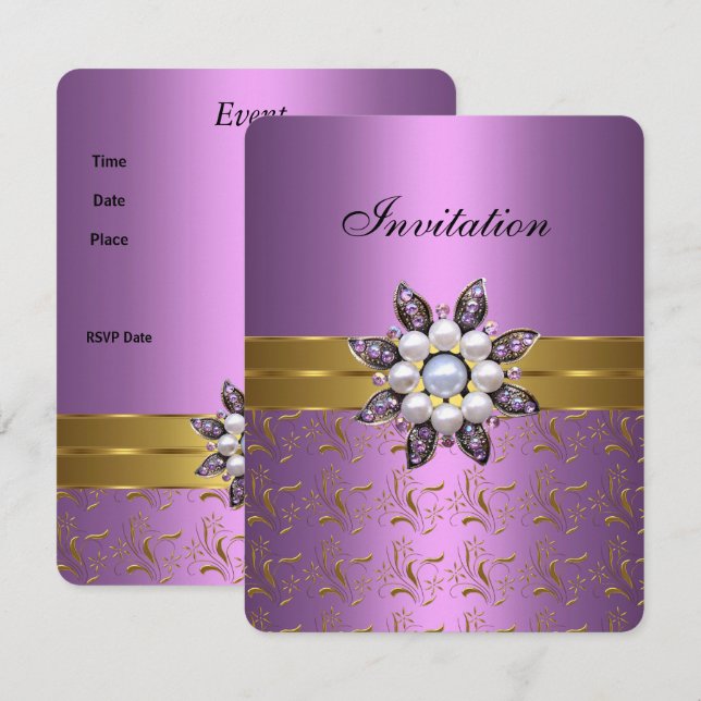 Lilac Purple Gold Invite Jewel Floral Elegant Clas (Front/Back)