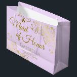 Lilac Purple Gold Lace Maid of Honor Chic Wedding Large Gift Bag<br><div class="desc">This beautiful gift bag is designed as a wedding gift or favor bag for the Maid of Honor. It features a beautiful lilac purple colored background with golden faux foil lace curls and swirls in the corners. The gold script lettering reads "Maid of Honor" with a place to enter her...</div>