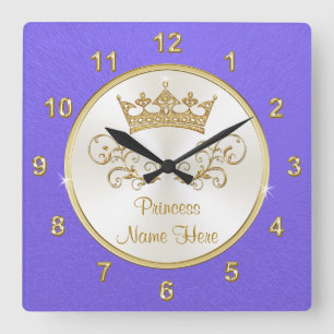 Lilac Purple Gold Personalized Princess Room Decor Square Wall Clock